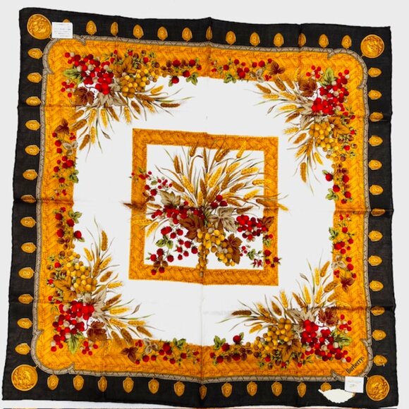 New Tag Burberry Miniscarf/handker 19.5" Cotton/Silk Ivery Gold Red Fruit(13 - Picture 5 of 8